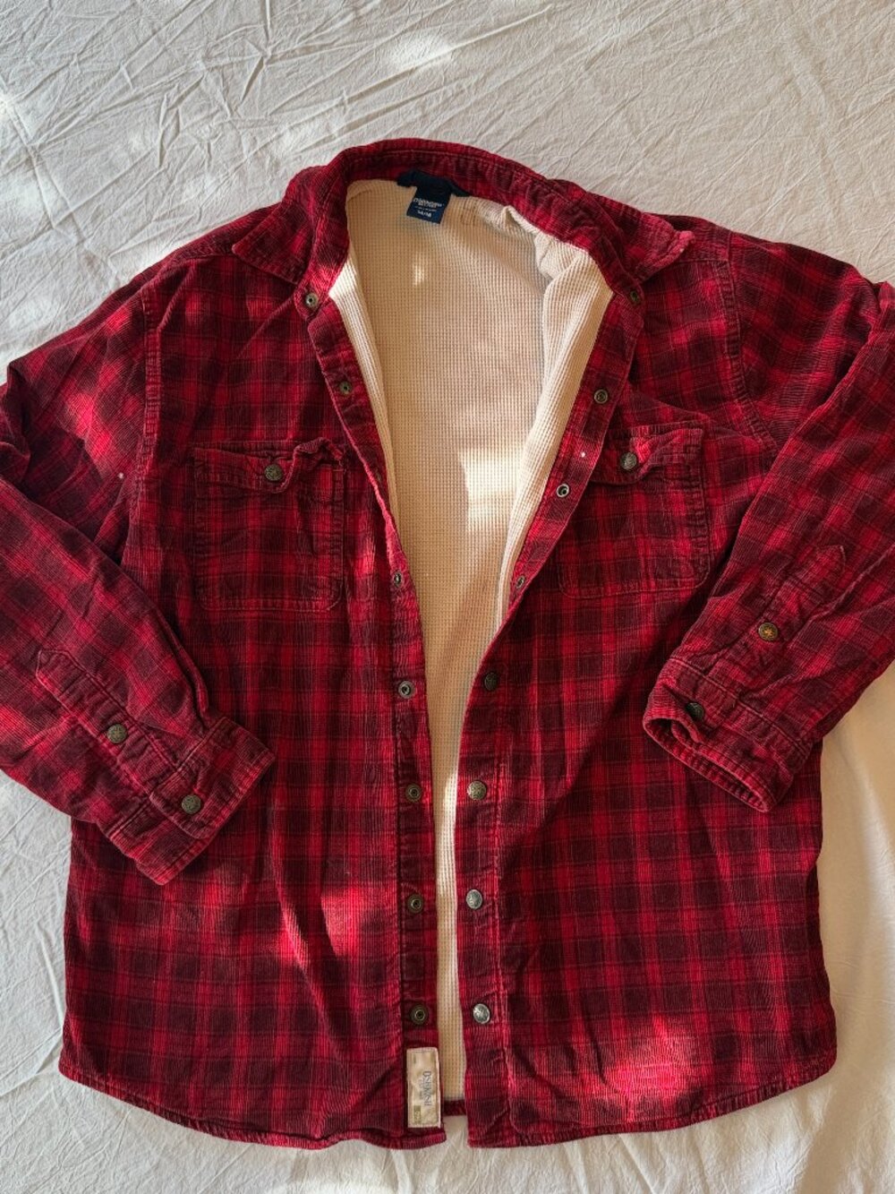 OshKosh B’gosh Plaid Corduroy Shirt Jacket Thermal Lined Red Black VTG Shacket